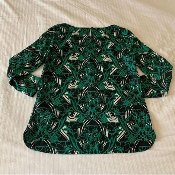 J. Crew Womens Blouse Shirt Green 3/4 Sleeve Retro Floral Popover Size 2 - Picture 6 of 12